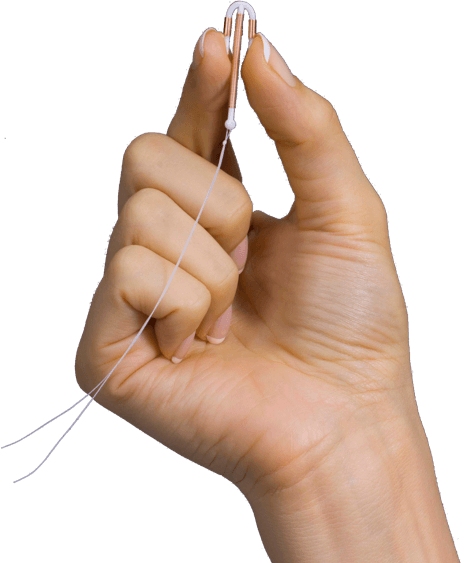 Paragard IUD device overlayed with a pink Paragard logo and the T-shaped unit primed for insertion