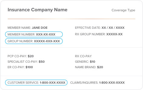 Example health insurance card showing where to find your member number, group number, and customer service phone number when checking if Paragard IUD is covered by your plan